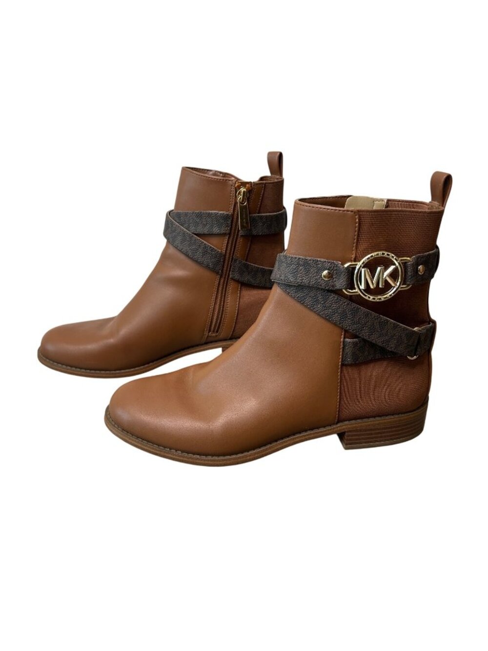 Michael Kors Brown Ankle Boots With Gold Logo Buckle Side Zipper & Faux Leather - Picture 2 of 16